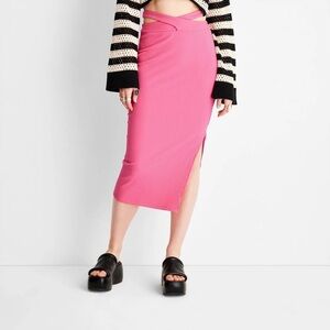NWT Future Collective Alani Noelle Cross Waist Midi Rib Knit Skirt Pink Sz L